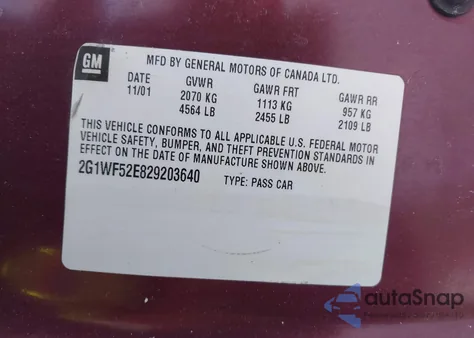 2002 Chevrolet Impala from USA, damaged, VIN 2G1WF52E829203640